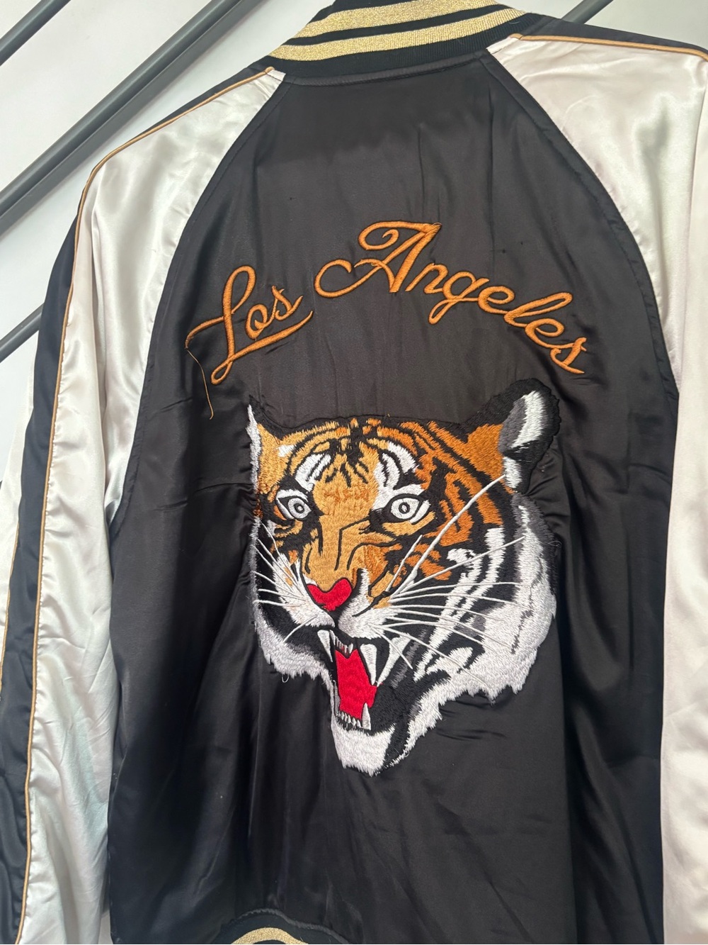 PacSun Brown and Cream  White Satin Los Angeles Embroidered Bomber Jacket